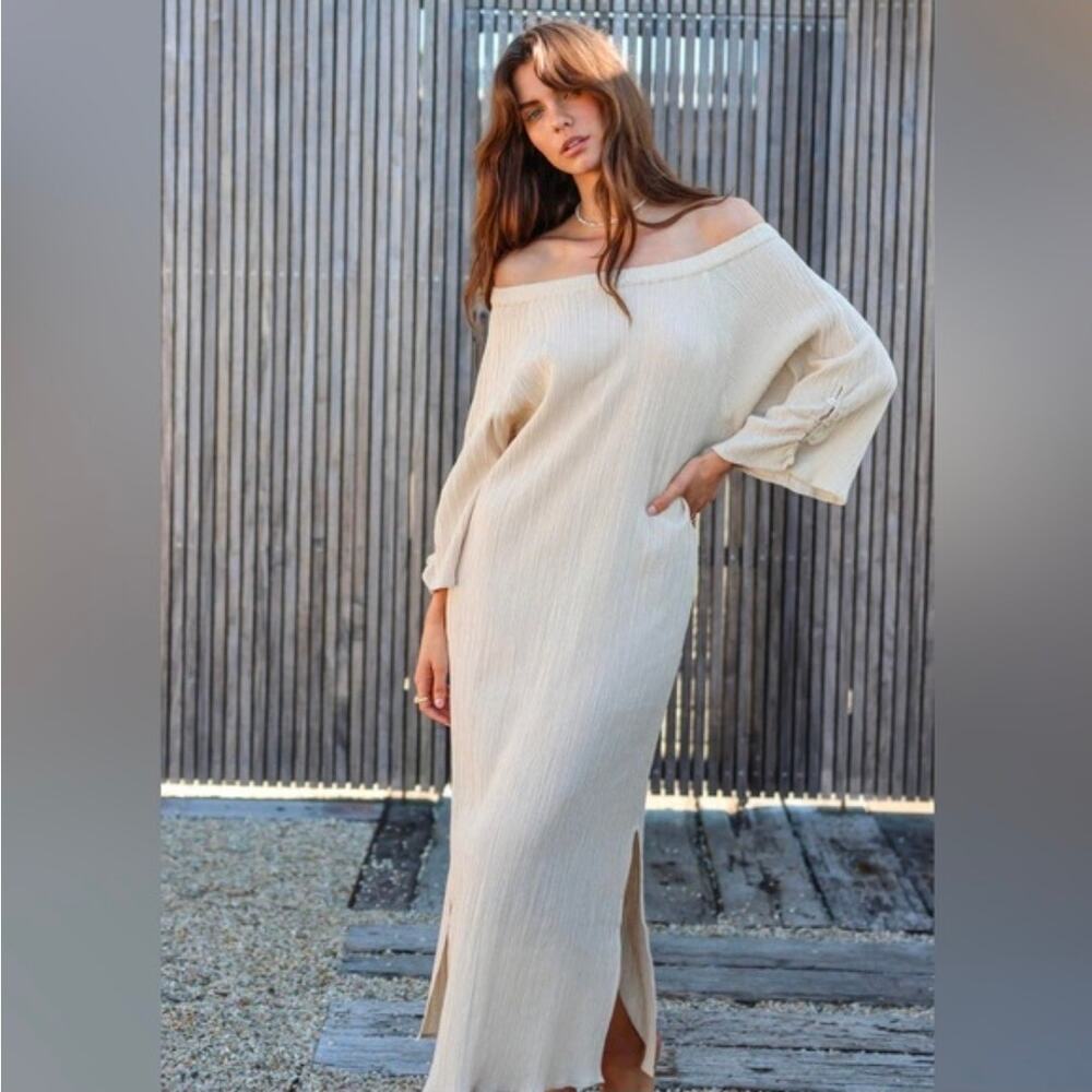 Maurie and Eve Taupe Beige Crinkle Off the Shoulder Maxi Dress Women's 10 3988